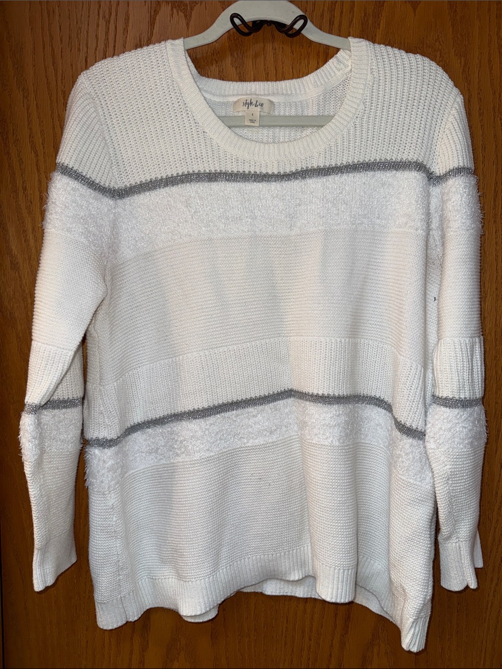 Style & Co. White Cozy Sweater with Silver Stripe Accents